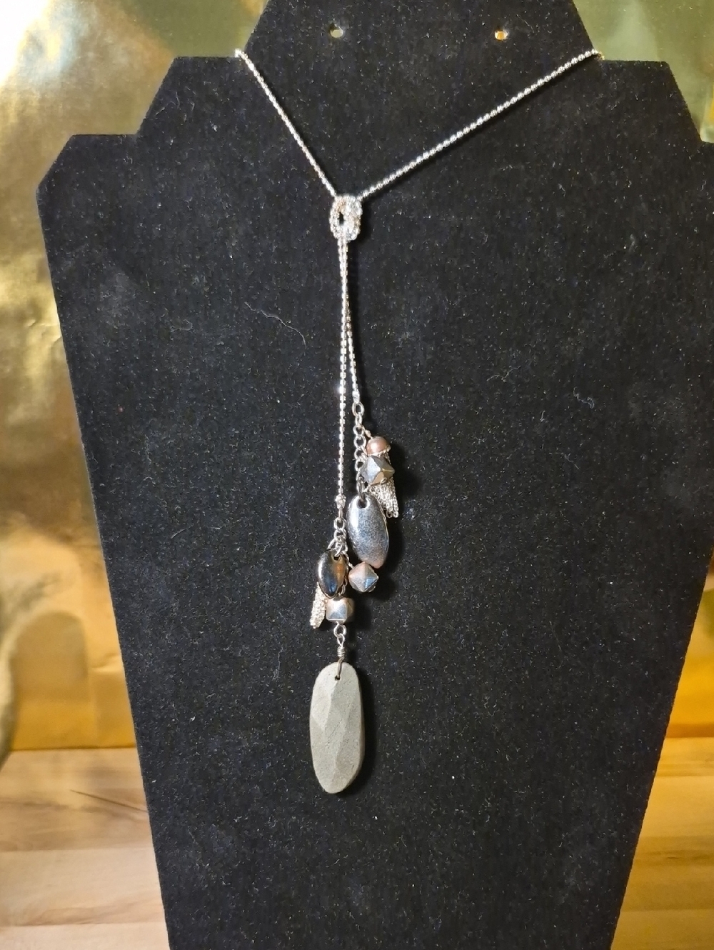 Silver-Tone Lariat Necklace with Faceted Pendant